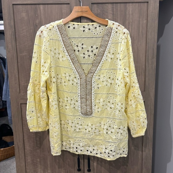 Chico’s size 2 (large) Eyelet Blouse Beaded V Neck 3/4 sleeves top - Picture 1 of 11
